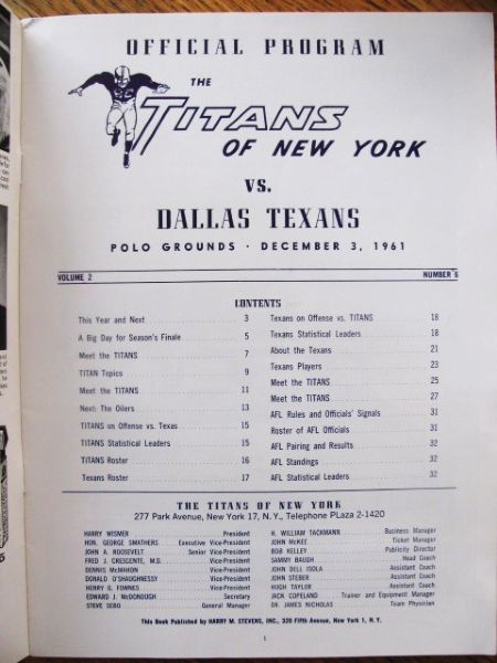 1961 NY TITANS vs DALLAS TEXANS FOOTBALL PROGRAM w/TICKET STUB