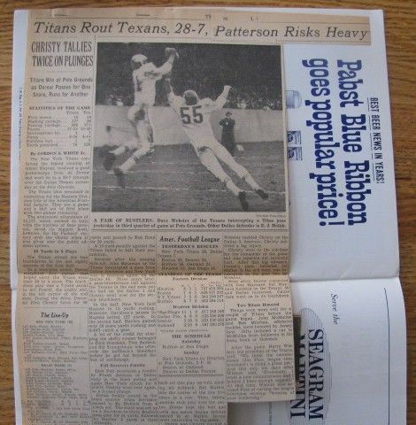 1961 NY TITANS vs DALLAS TEXANS FOOTBALL PROGRAM w/TICKET STUB