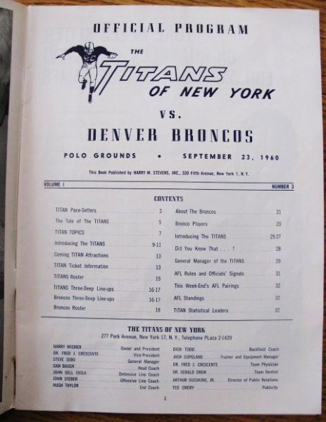 1960 NEW YORK TITANS vs DENVER BRONCOS PROGRAM - 1st YEAR AFL