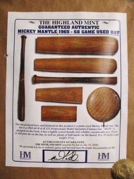 HIGHLAND MINT MICKEY MANTLE DISPLAY w/ GAME USED BAT PIECE