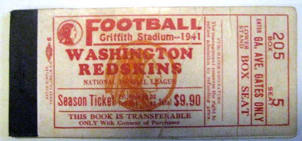 1941 WASHINGTON REDSKINS SEASON TICKET BOOKLET / SCHEDULE