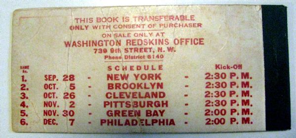 1941 WASHINGTON REDSKINS SEASON TICKET BOOKLET / SCHEDULE