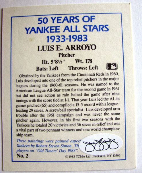 LUIS ARROYO NEW YORK YANKEES SIGNED CARD w/JSA