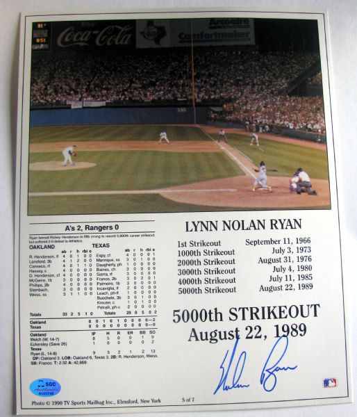 NOLAN RYAN SIGNED PHOTO - 5000th STRIKEOUT w/SGC COA