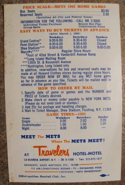 1965 NY METS OFFICIAL BASEBALL SCHEDULE