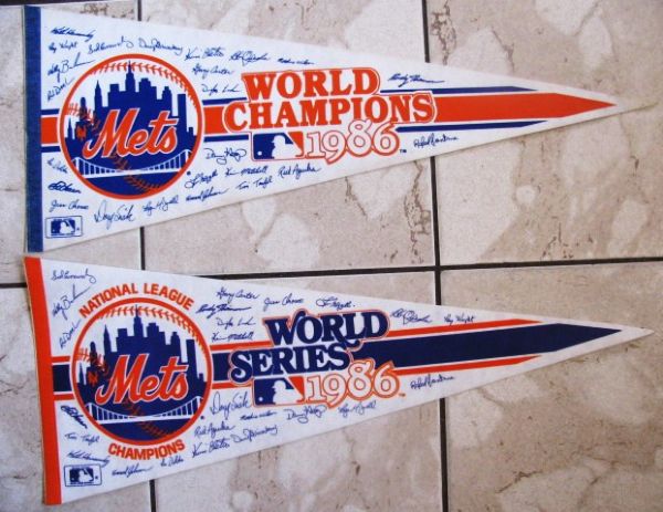 1986 NY METS WORLD CHAMPS & WORLD SERIES PENNANTS