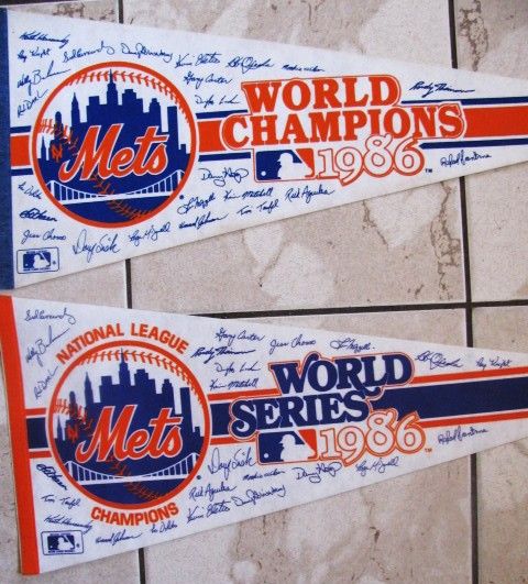 1986 NY METS WORLD CHAMPS & WORLD SERIES PENNANTS