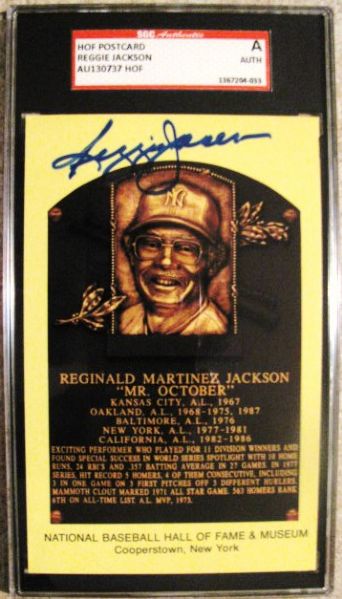 REGGIE JACKSON SIGNED HOF POST CARD - SGC SLABBED & AUTHENTICATED