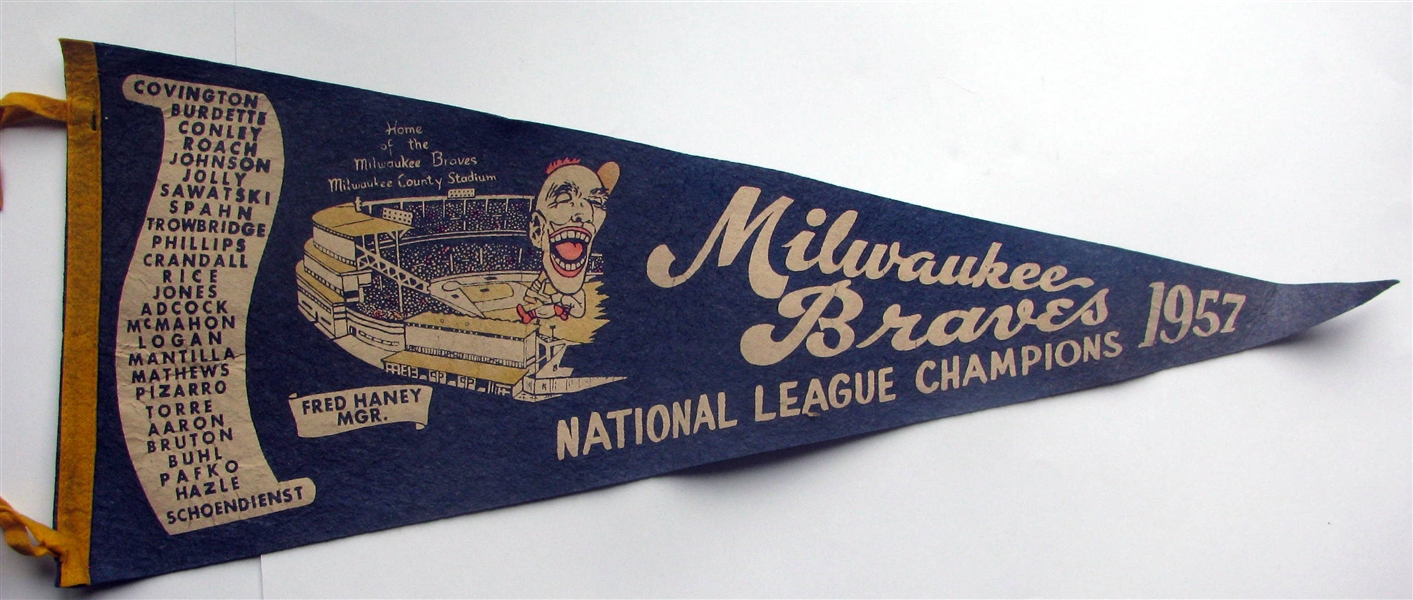 1957 MILWAUKEE BRAVES WORLD SERIES PENNANT w/PLAYERS NAMES