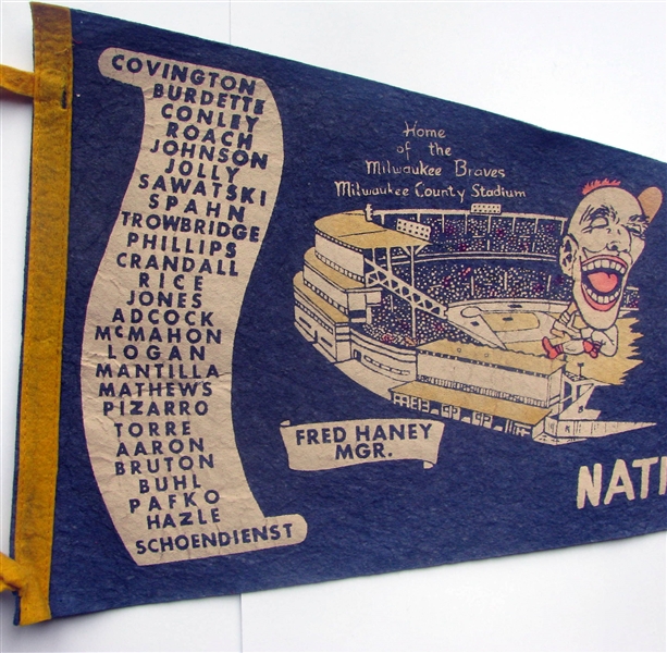 1957 MILWAUKEE BRAVES WORLD SERIES PENNANT w/PLAYERS NAMES