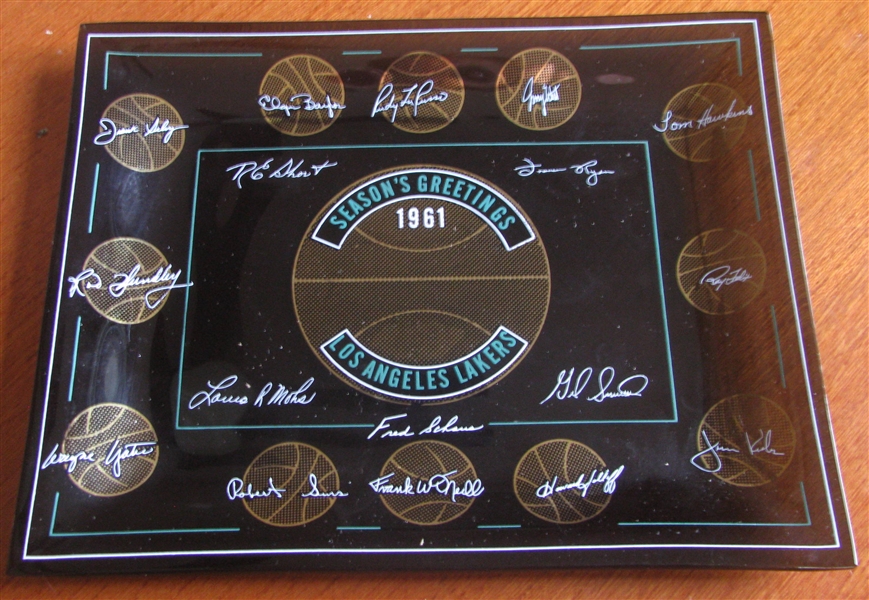 1961 LOS ANGELES LAKERS SEASON GREETINGS GLASS TRAY