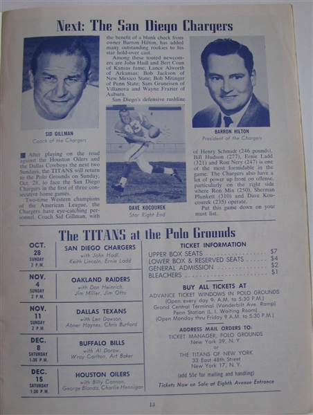 1962 NEW YORK TITANS VS BOSTON PATRIOTS PROGRAM -3rd YEAR AFL