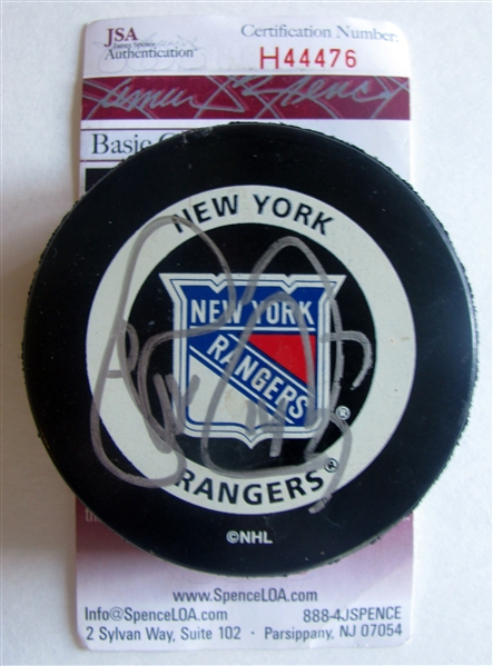 THEO FLUERY SIGNED NEW YORK RANGERS PUCK w/JSA COA