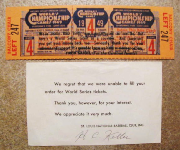 Lot Detail - 1949 ST LOUIS CARDINALS WORLD SERIES PHANTOM TICKET WITH INSERT