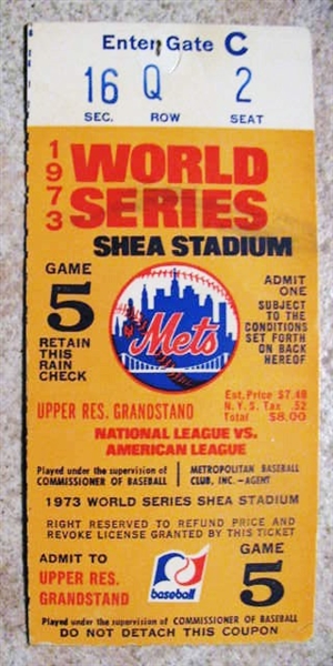 1973 NY METS WORLD SERIES TICKET STUB GM # 5