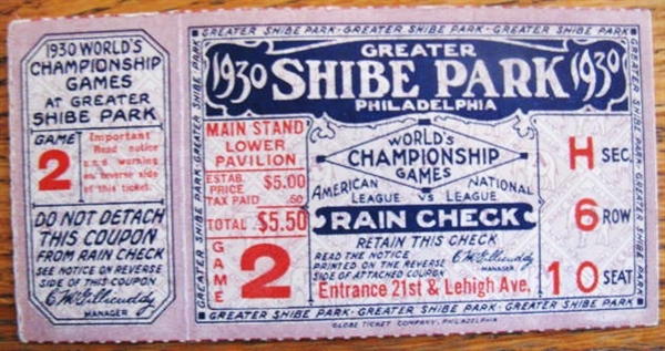 1930 WORLD SERIES TICKET STUB - ATHLETICS vs CARDINALS 