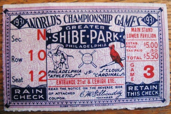 1931 WORLD SERIES TICKET STUB - ATHLETICS vs CARDINALS 