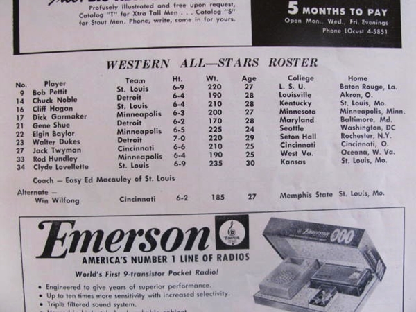 RARE 1960 10TH ANNUAL EAST - WEST ALL-STAR BASKETBALL GAME w/ WILT CHAMBERLAIN ROOKIE