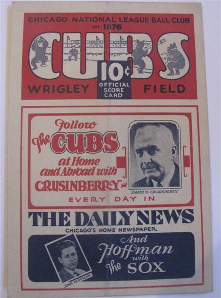 1929 CHICAGO CUBS VS ST. LOUIS CARDINALS PROGRAM w/HORNSBY,WILSON & CUYLER