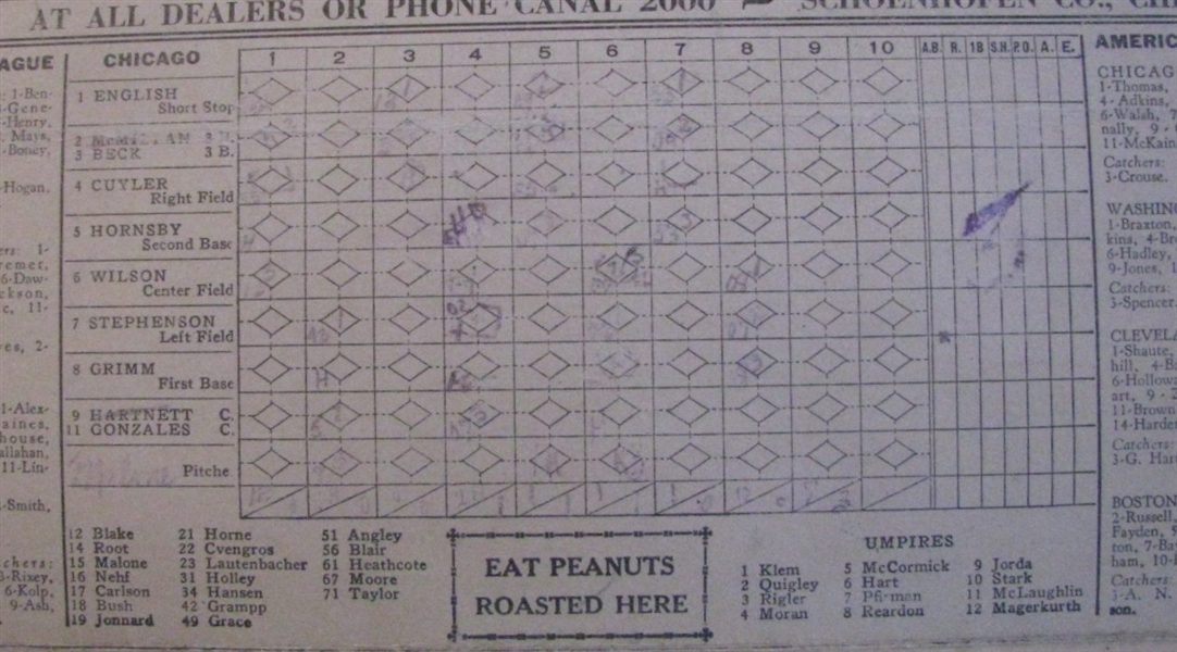 1929 CHICAGO CUBS VS ST. LOUIS CARDINALS PROGRAM w/HORNSBY,WILSON & CUYLER