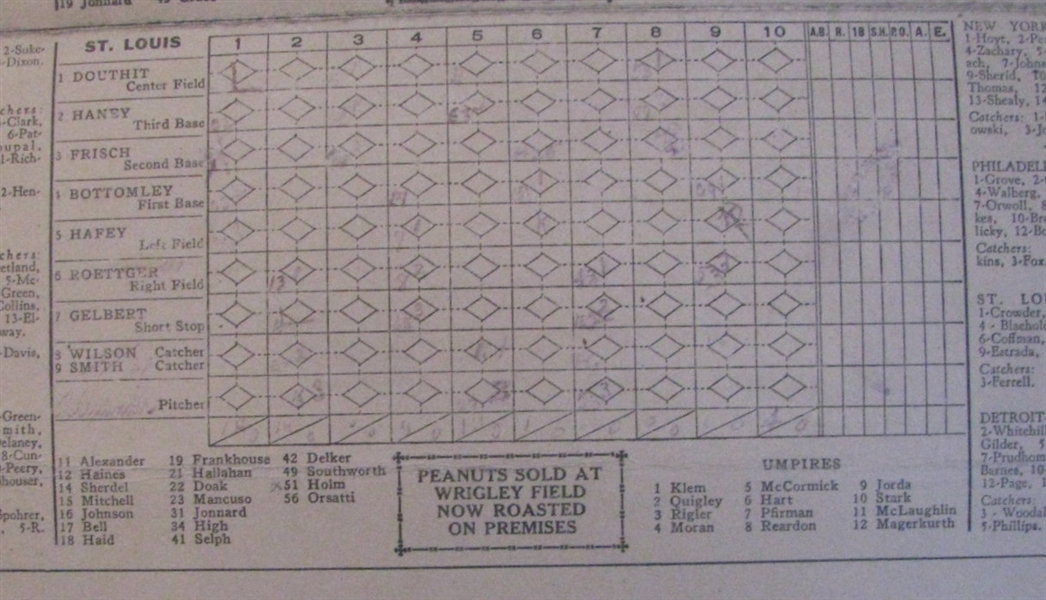 1929 CHICAGO CUBS VS ST. LOUIS CARDINALS PROGRAM w/HORNSBY,WILSON & CUYLER