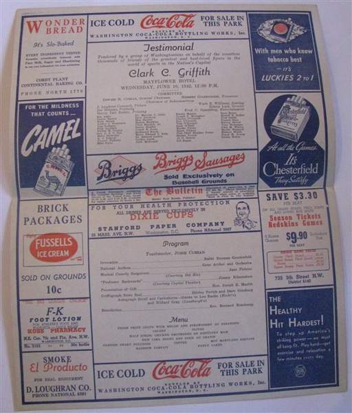 1942 CLARK GRIFFITH WASHINGTON SENATORS TESTIMONIAL DINNER PROGRAM