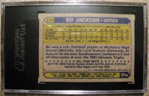BO JACKSON (ROOKIE) SIGNED 1987 TOPPS BASEBALL CARD - SGC SLABBED & AUTHENTICATED