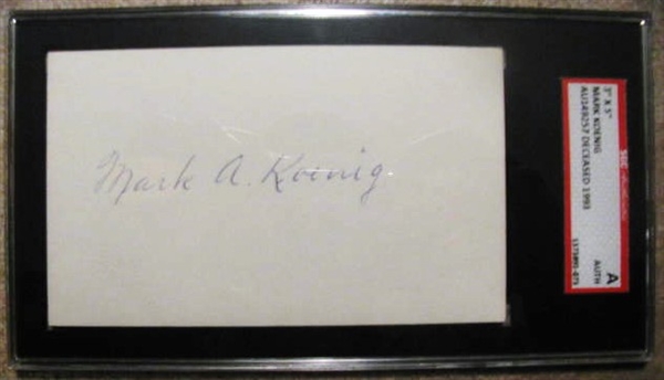 MARK A. KOENIG SIGNED 3X5 INDEX CARD - SGC SLABBED & AUTHENTICATED