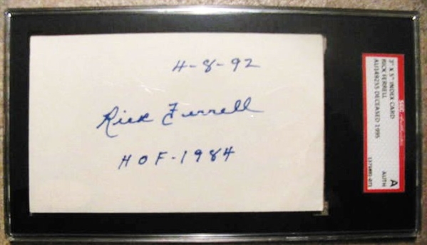 RICK FERRELL HOF 1984 SIGNED 3X5 INDEX CARD - SGC SLABBED & AUTHENTICATED