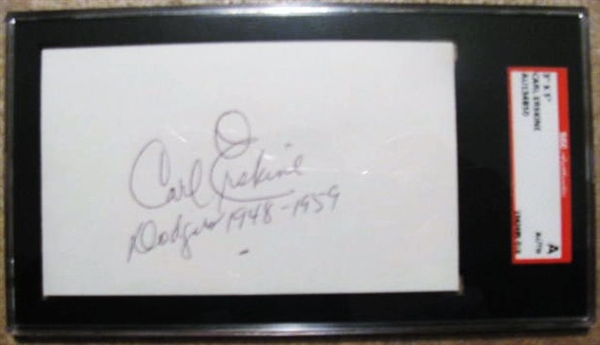 CARL ERSKINE SIGNED 3X5 INDEX CARD - SGC SLABBED & AUTHENTICATED