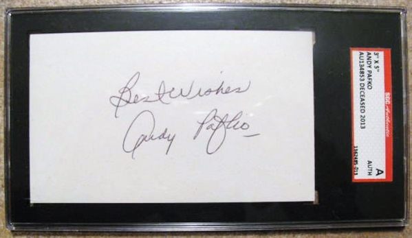 BEST WISHES ANDY PAFKO SIGNED 3X5 INDEX CARD - SGC SLABBED & AUTHENTICATED
