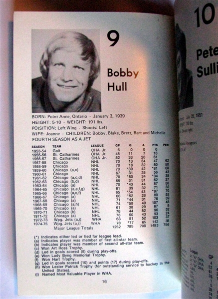 1975/76 WHA WINNIPEG JETS MEDIA GUIDE w/BOBBY HULL