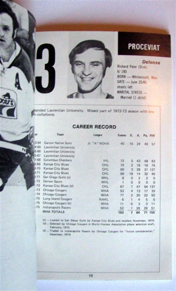 1975/76 WHA INDIANAPOLIS RACERS YEARBOOK