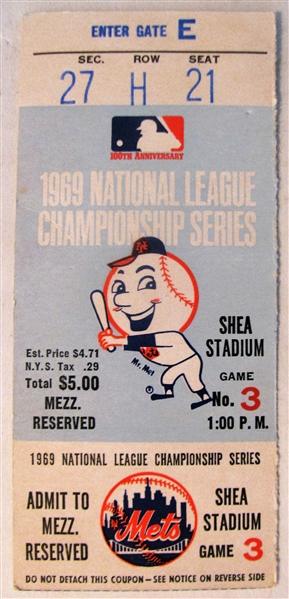 1969 NY METS NATIONAL LEAGUE CHAMPIONSHIP SERIES TICKET STUB GM #3 