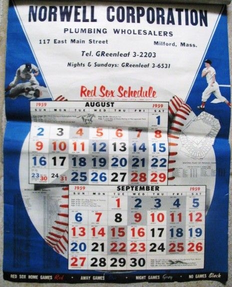 1959 BOSTON RED SOX BASEBALL SCHEDULE /CALENDAR 