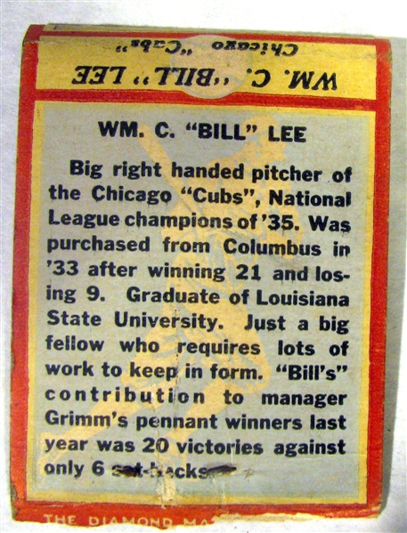 30's BILL LEE CHICAGO CUBS DIAMOND MATCH CO. MATCHBOOK