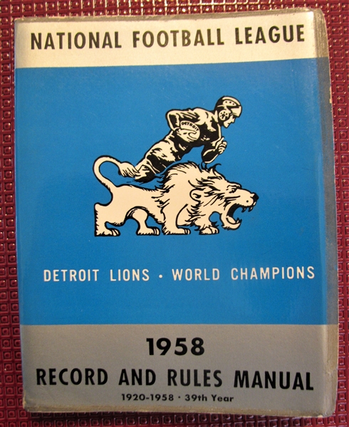 1958 NFL RECORD AND RULES MANUAL w/ DETROIT LIONS WORLD CHAMPIONS COVER