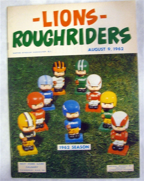 1962 CFL B.C. LIONS VS SASKATCHEWAN ROUGHRIDERS PROGRAM w/BOBBING HEAD COVER