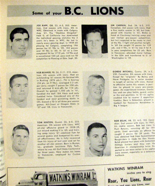 1962 CFL B.C. LIONS VS SASKATCHEWAN ROUGHRIDERS PROGRAM w/BOBBING HEAD COVER