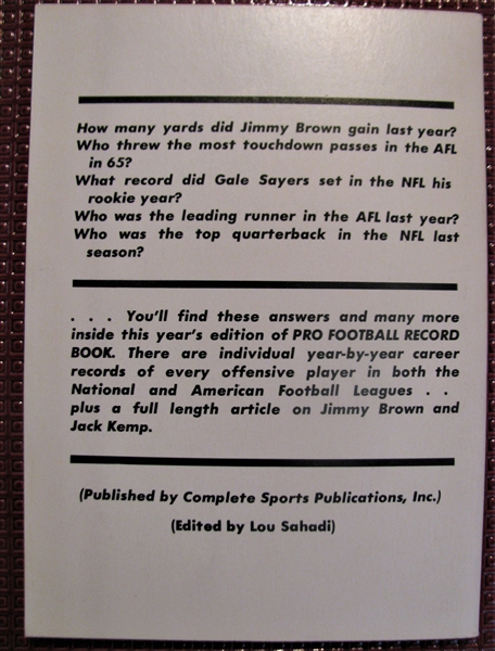 1966 NFL & AFL PRO FOOTBALL RECORD BOOK w/ JIM BROWM & JACK KEMP COVER