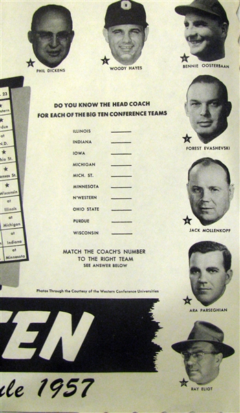 1957 BIG TEN FOOTBALL SCHEDULE PLACEMAT - PICTURES COACHES