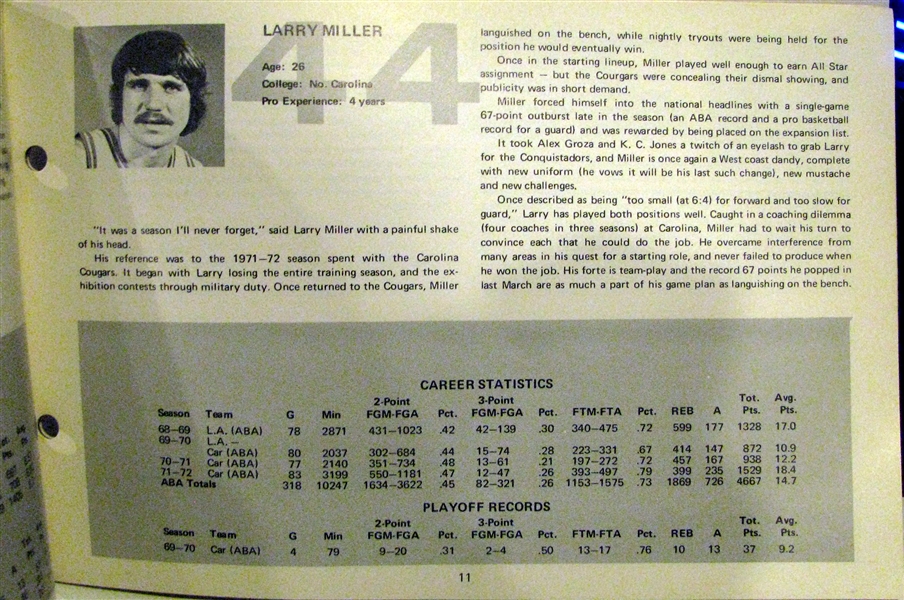 1972-73 ABA SAN DIEGO CONQUISTADORS MEDIA GUIDE