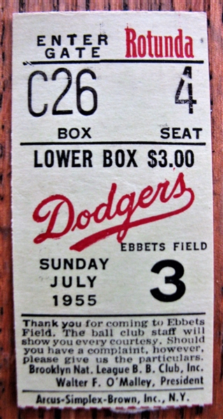 1955 BROOKLYN DODGERS TICKET STUB (DOUBLEHEADER) - CHAMPIONSHIP YEAR