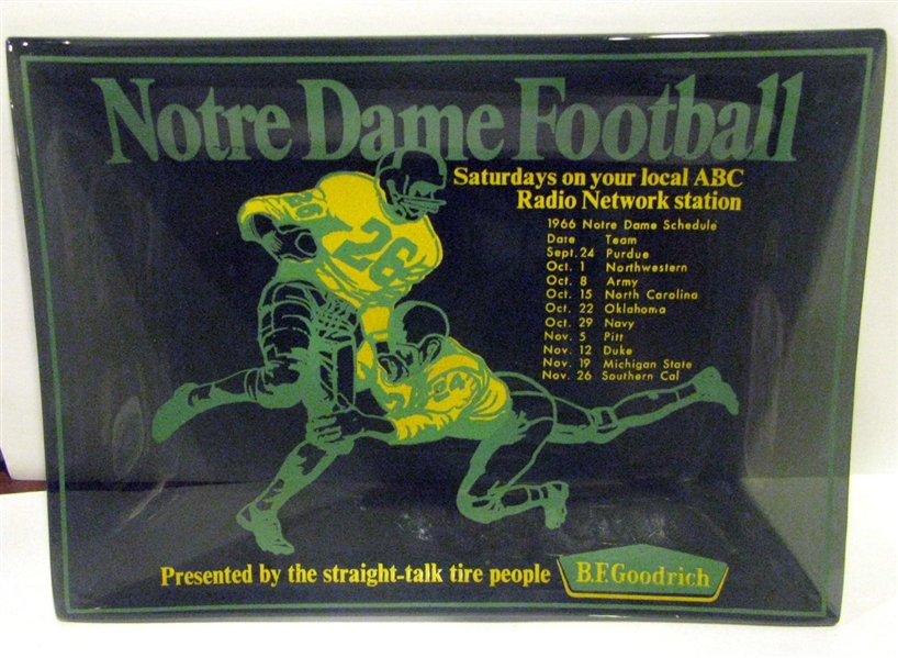 1966 NOTRE DAME FOOTBALL GLASS TRAY w/SCHEDULE - NATIONAL CHAMPIONS YEAR
