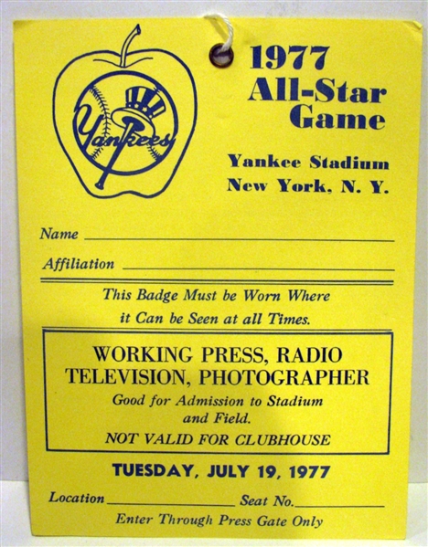 1977 ALL-STAR GAME PRESS PASS @ YANKEE STADIUM