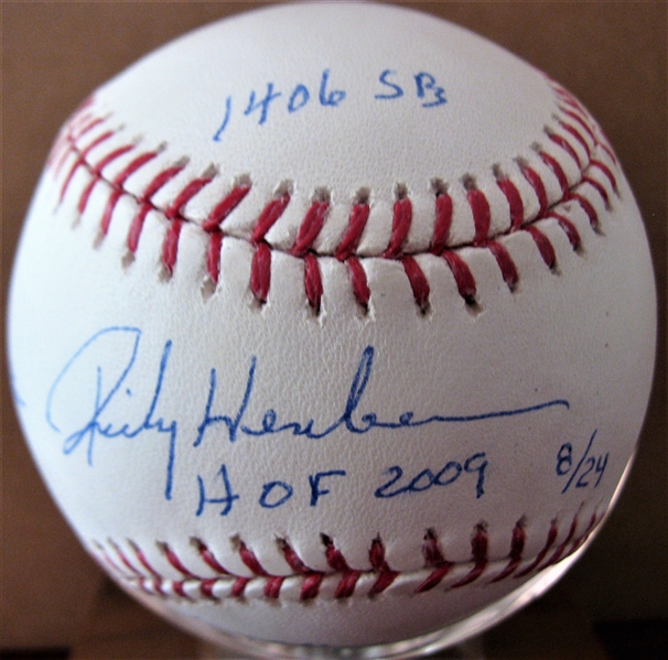 RICKY HENDERSON SIGNED STAT BASEBALL w/ STEINER COA