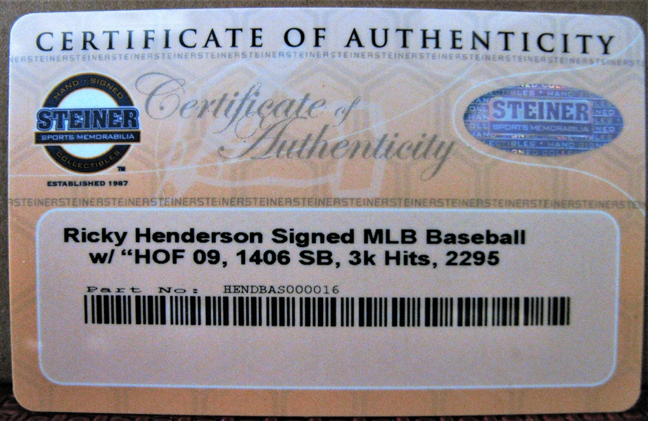 RICKY HENDERSON SIGNED STAT BASEBALL w/ STEINER COA