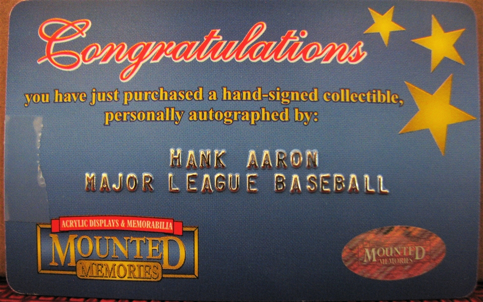 HANK AARON SIGNED BASEBALL w/MOUNTED MEMORIES COA