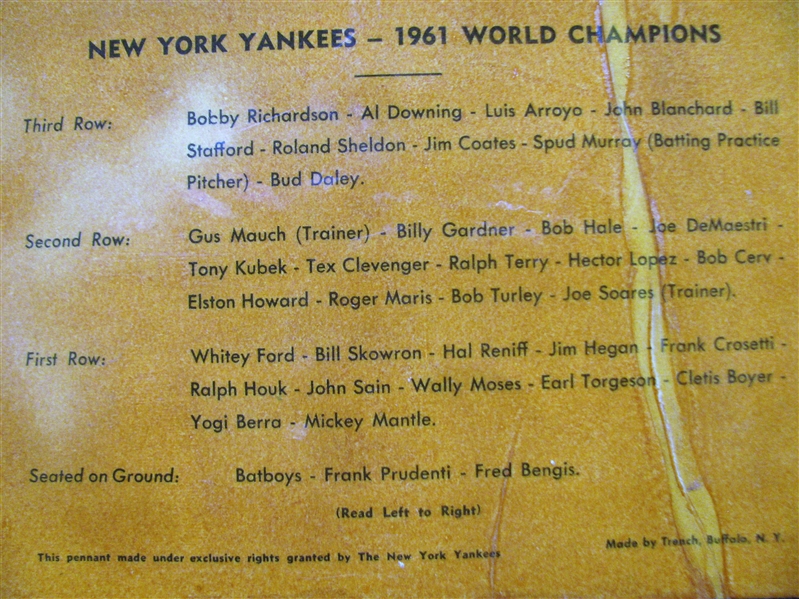 1962 NY YANKS WORLD CHAMPIONS TEAM PICTURE PENNANT