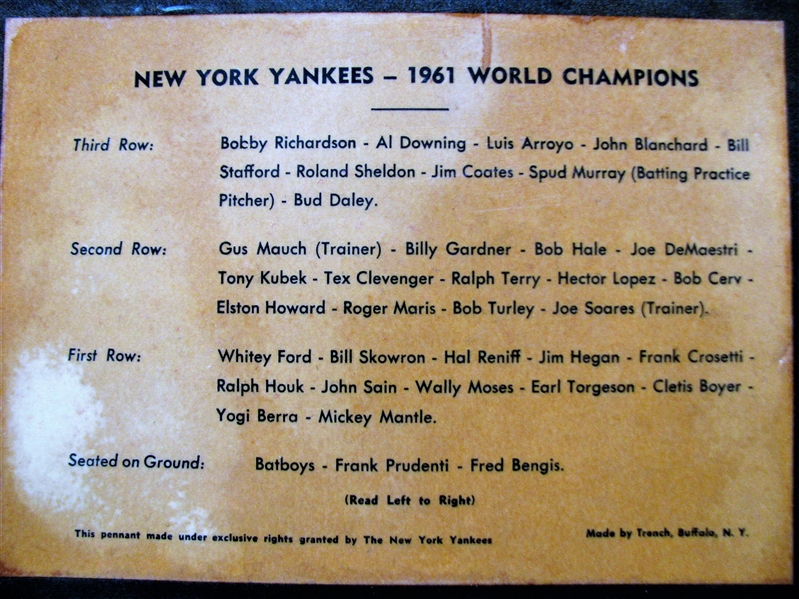 1961 NY YANKEES WORLD CHAMPIONS TEAM PICTURE PENNANT